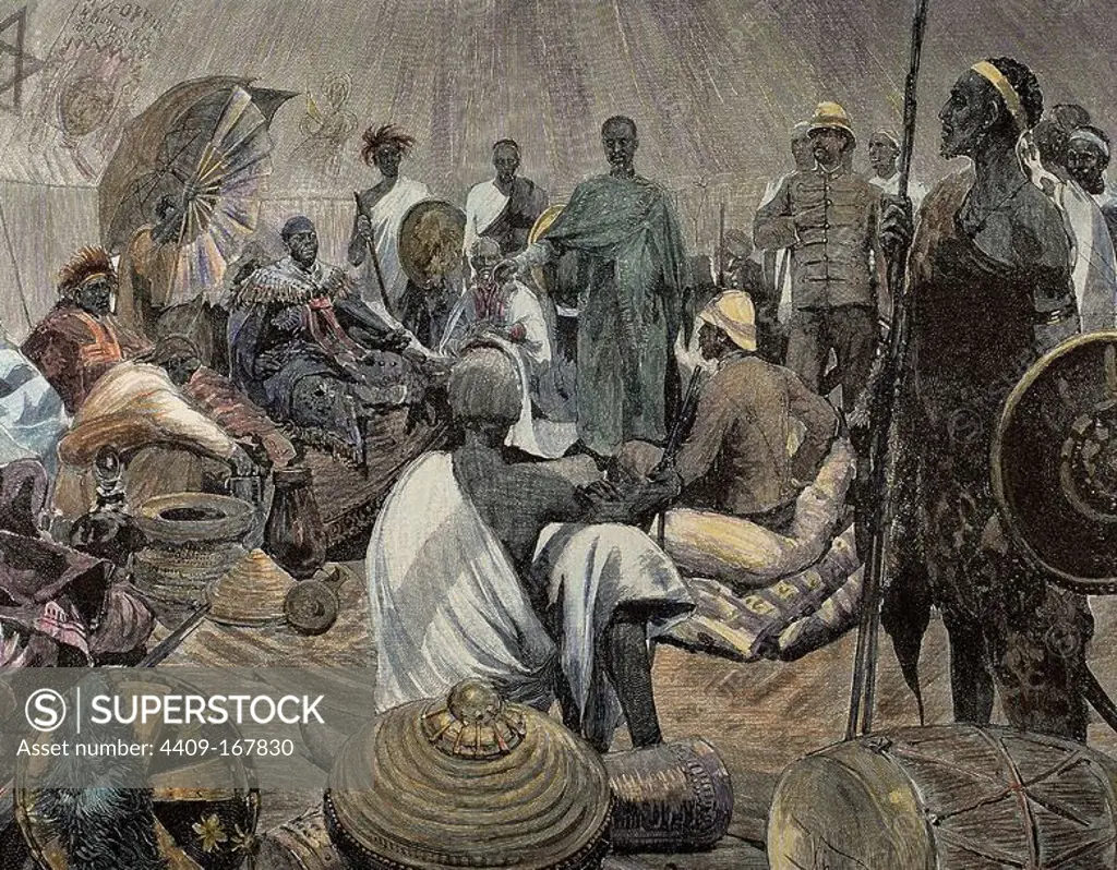 Ashanti rulers talking with British officers. Central Region of Ghana. Colored engraving.