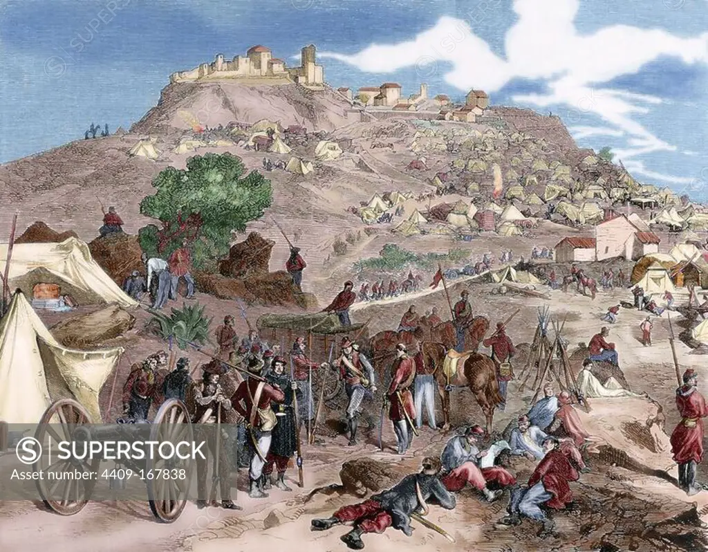 Italian unification (1859-1924). Conquest of Sicily (1860). Garibaldi goes to Palermo with the thousand volunteers called Redshirts. Camp of the troops of Garibaldi in Castrogiovanni. Engraving in "L'Illustration (1860) by M. Sutter. Colored.