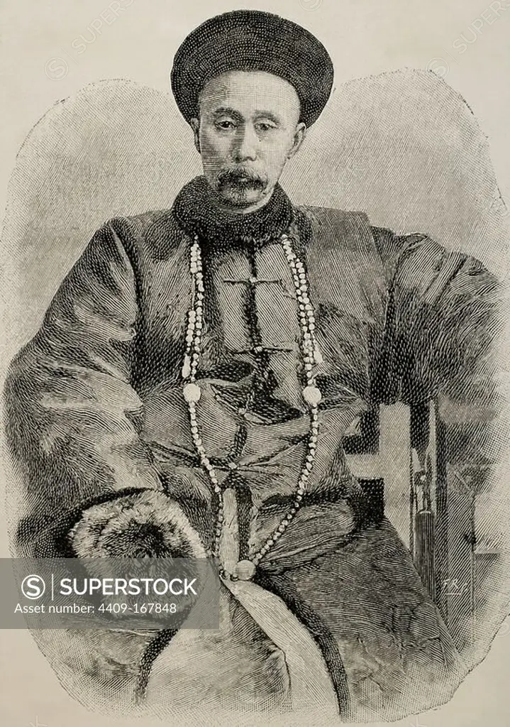 Li Hongzhang o Li Hung-chang (1823, 1901) Estadista que representó a China en la serie de humillantes negociaciones al finalizar la Guerra Franco-China (1883-1885), la primera Guerra Sino-japonesa (1894-1895) y la rebelión de los Bóxers (1900). Grabado de "La Ilustración Artística", 1892.