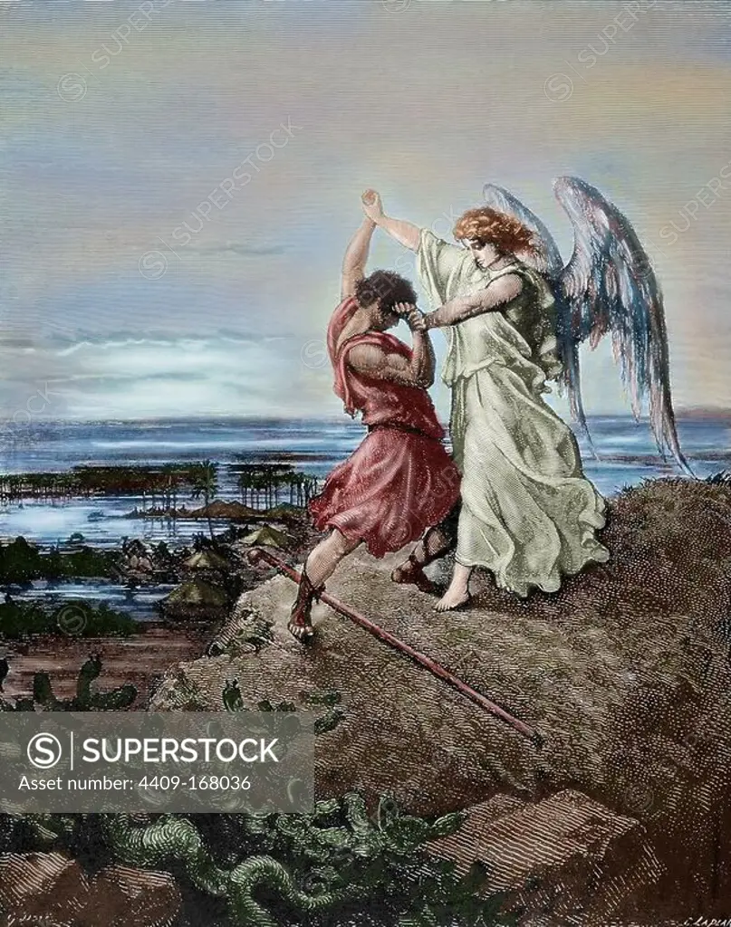 Jacob wrestling with the Angel. Engraving by Laplante. The Bible in pictures by Gustave Dore. 19th century. Colored.