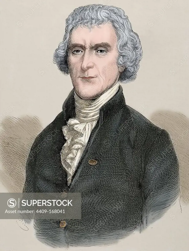 Thomas Jefferson (1743-1826). 3rd President and one of the Founding Fathers of the United States. Engraving in The Universal History, 1892. Colored.