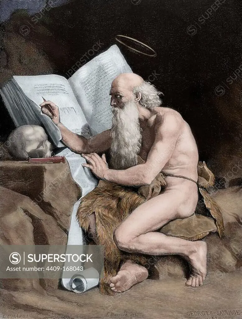 St. Jerome (340-420). St. Jerome in the Desert. Recorded by L. Chapon. The Universe Illustrated, 1882. Colored.