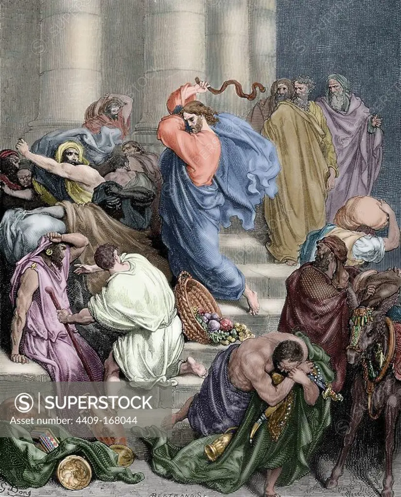 New Testament. Gospel of Mark. Chapter XI. Jesus drives the merchants from the Temple. Gustave Dore's drawing. Engraving by A. Bertrand. Colored.