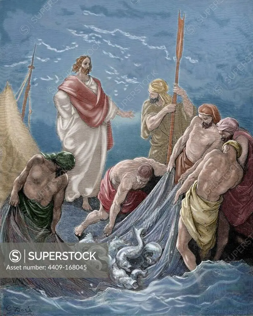 New Testament. Gospel of Luke. Chapter V. Jesus. Miraculous Fishing. Gustave Dore's drawing. Engraving by Pannemaker. Colored.