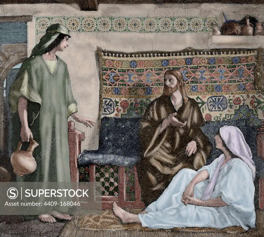 New Testament. Jesus in the House of Martha and Mary. Engraving by Paris. The Iberian Illustration, 1885. Colored.