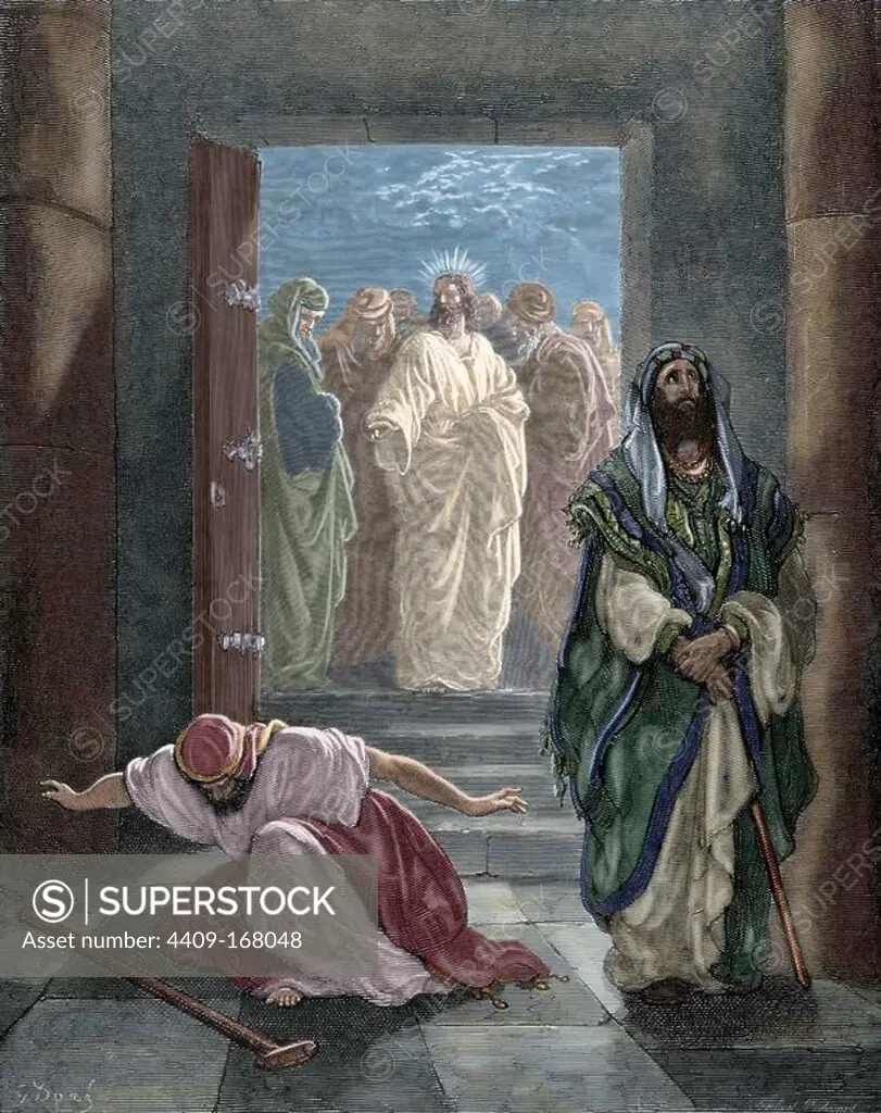 New Testament. Gospel of Luke. Chapter XVIII. Parable of the Pharisee and the Publican. Gustave Dore's drawing. Engraving 19th century. Colored.
