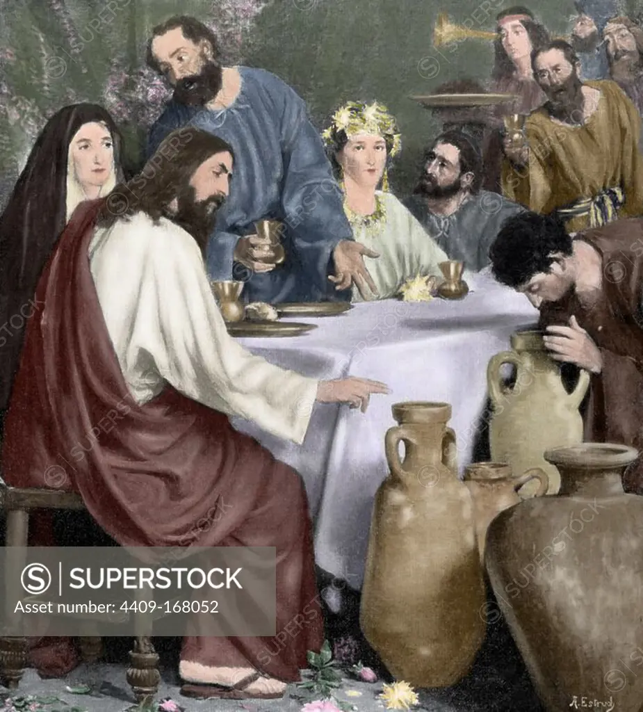 New Testament. Marriage of Cana. Engraving after a painting by Antonio Estruch. The Artistic Illustration, 1897. Colored.
