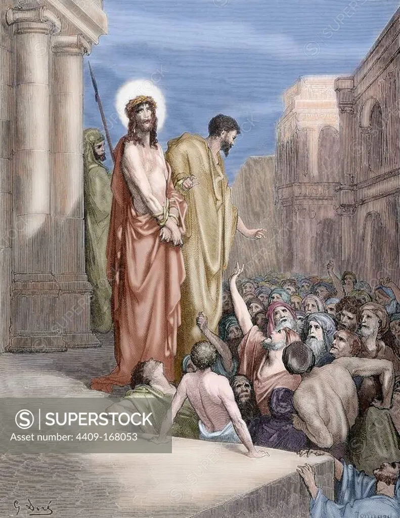New Testament. Gospel of John. Chapter XIX. Jesus presented to the people. Gustave Dore's drawing. Engraving by Jonnard. 19th century. Colored.