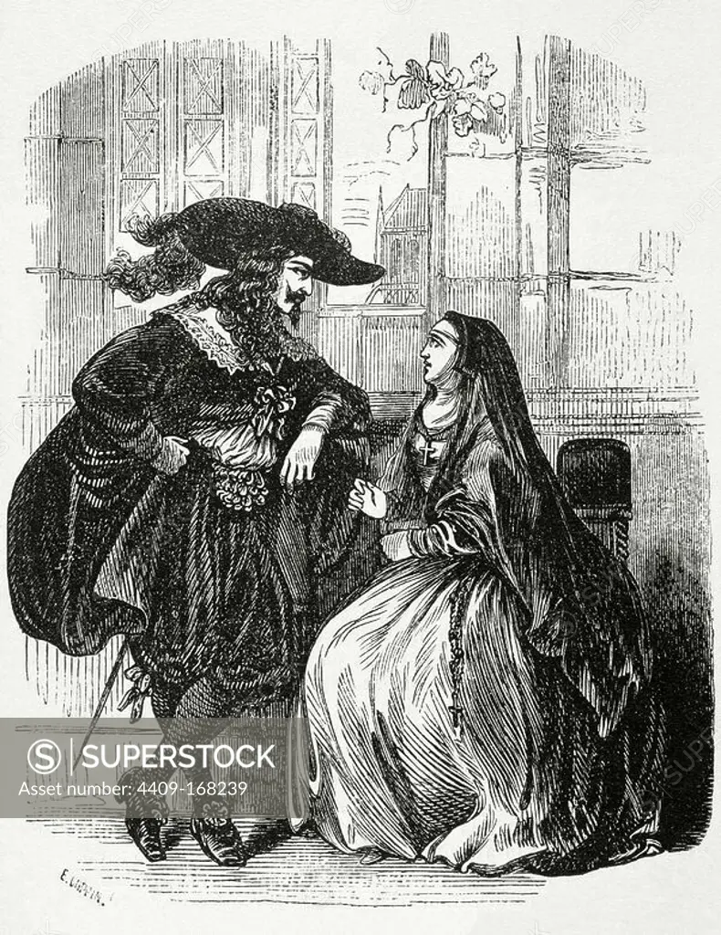 Luis XIII de Francia, llamado el Justo (1601-1643). Rey de Francia de 1610-1643. "Luis XIII visitando en el convento de la Visitación a Luisa de la Fayette (1616-1655), dama de honor de la reina Ana de Austria y crítca de Richelieu". Grabado.