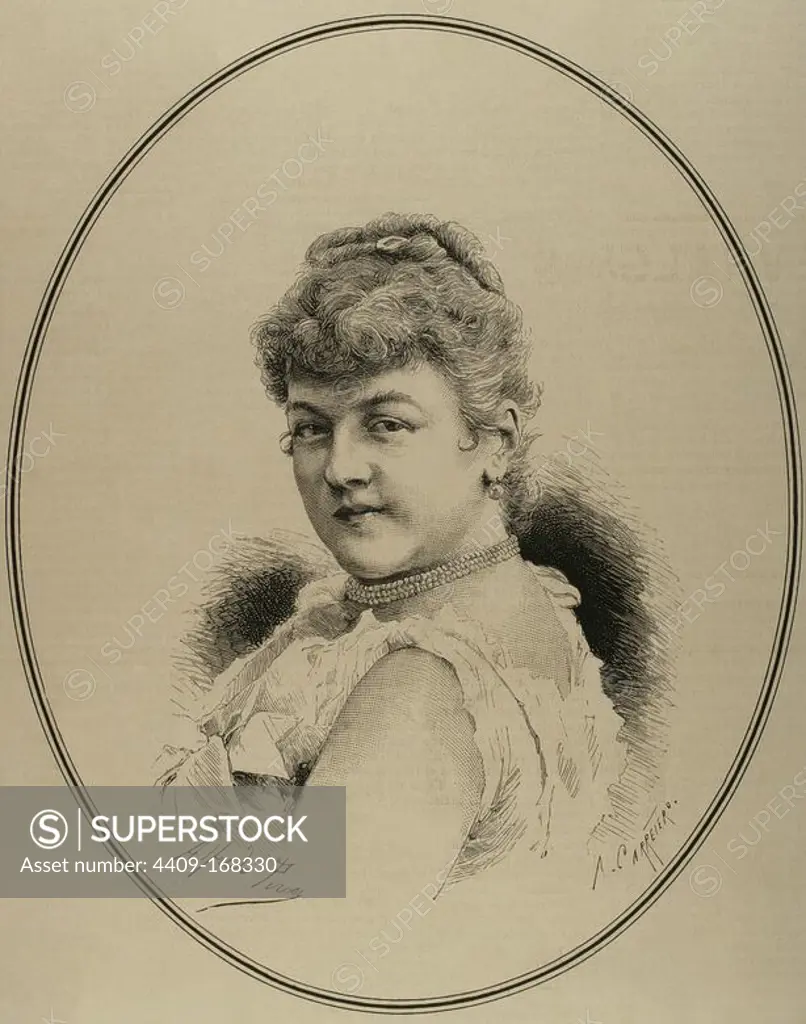 MILA KUPFER-BERGER (1852-1905). Cantante soprano austríaca. Grabado por A. Carretero. "La Ilustración Española y Americana", 1886.
