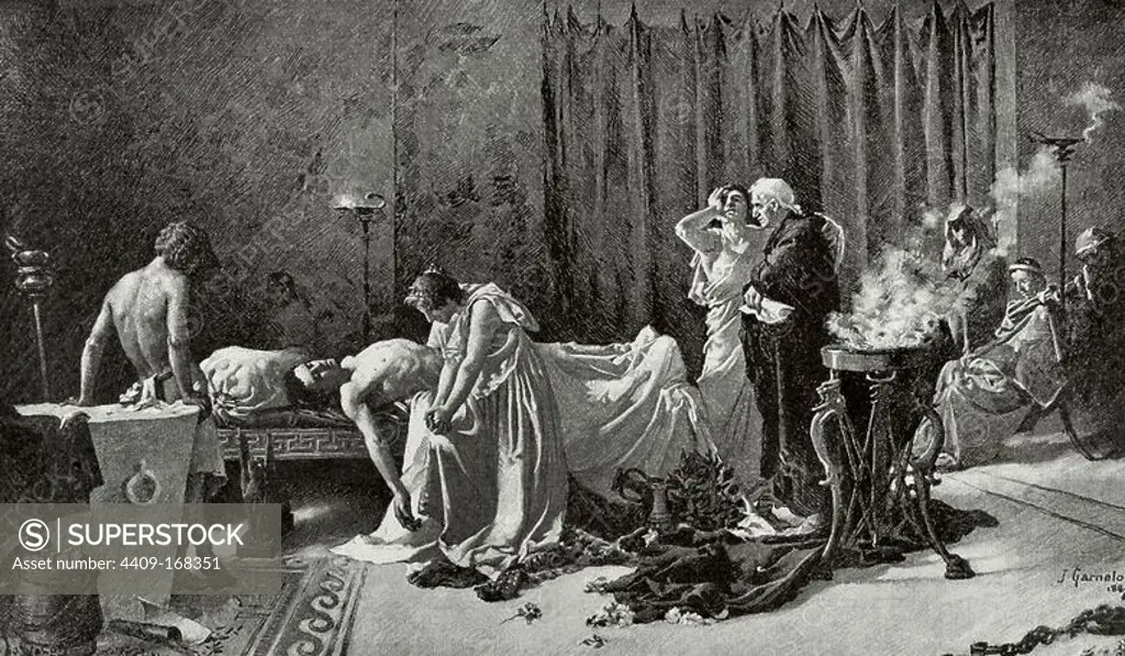 MARCO ANNEO LUCANO (39-65). Poeta romano nacido en la Hispania. "La Muerte de Lucano". Grabado por Waloy. "La Ilustración Ibérica", 1888.