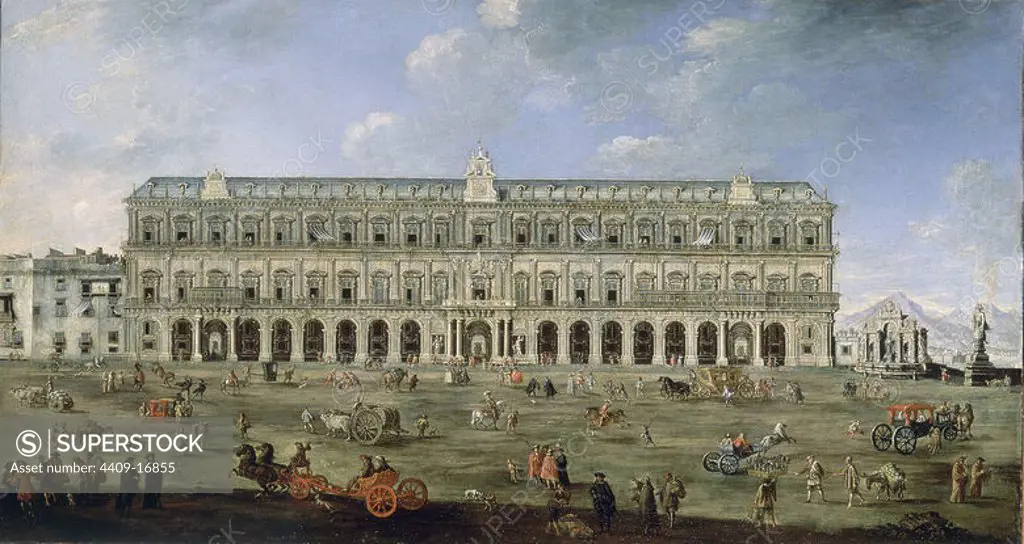 View of the Palace of Naples - 18th century - oil on canvas. Author: ANGELO MARIA COSTA. Location: HOSPITAL DE TAVERA / MUSEO DUQUE DE LERMA. Toledo. SPAIN.