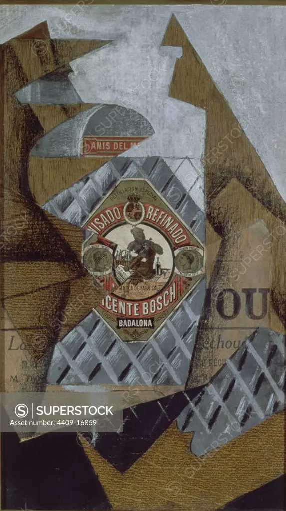 'The Bottle of Anis', 1914, Oil, collage and graphite on canvas, 41,8 x 24 cm, AD01818. Author: JUAN GRIS. Location: MUSEO REINA SOFIA-PINTURA. MADRID. SPAIN.