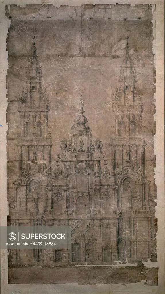 PROYECTO DE LA FACHADA DEL OBRADOIRO-1738- ARQUITECTURA DEL SIGLO XVIII. Author: Fernando de Casas Novoa. Location: CATEDRAL-BIBLIOTECA. SANTIAGO DE COMPOSTELA. A CORUÑA. SPAIN.