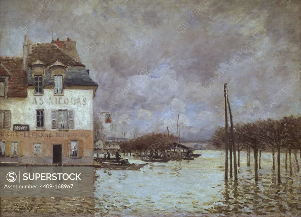 INUNDACION DE PORT MARLY. Author: SISLEY, ALFRED. Location: MUSEE D'ORSAY, PARIS, FRANCE.