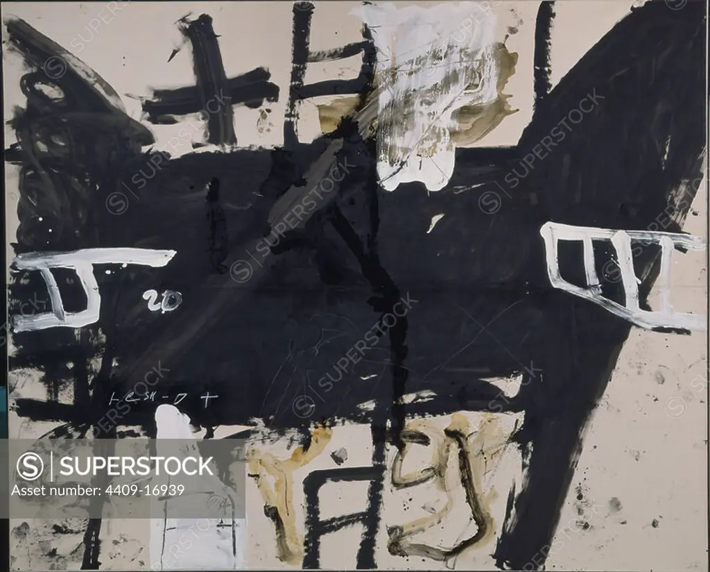 'Seven Chairs', 1984, Paint, paper and rubber on cloth paper, 307 x 376 cm, DO00487. Author: ANTONI TAPIES. Location: PRIVATE COLLECTION. MADRID. SPAIN.
