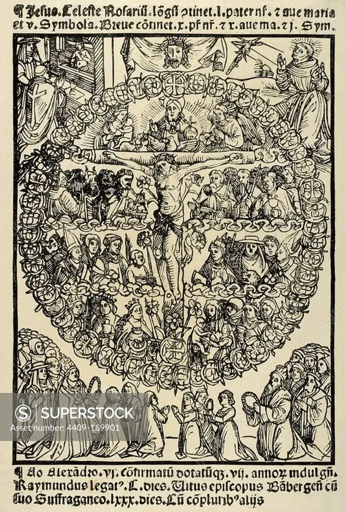 Facsímil del grabado de"Rosarium celestis curie et patrie triumphantis". Obra de humanista Jakob Locher (1471-1528). Impresa en Nuremberg, 1517.