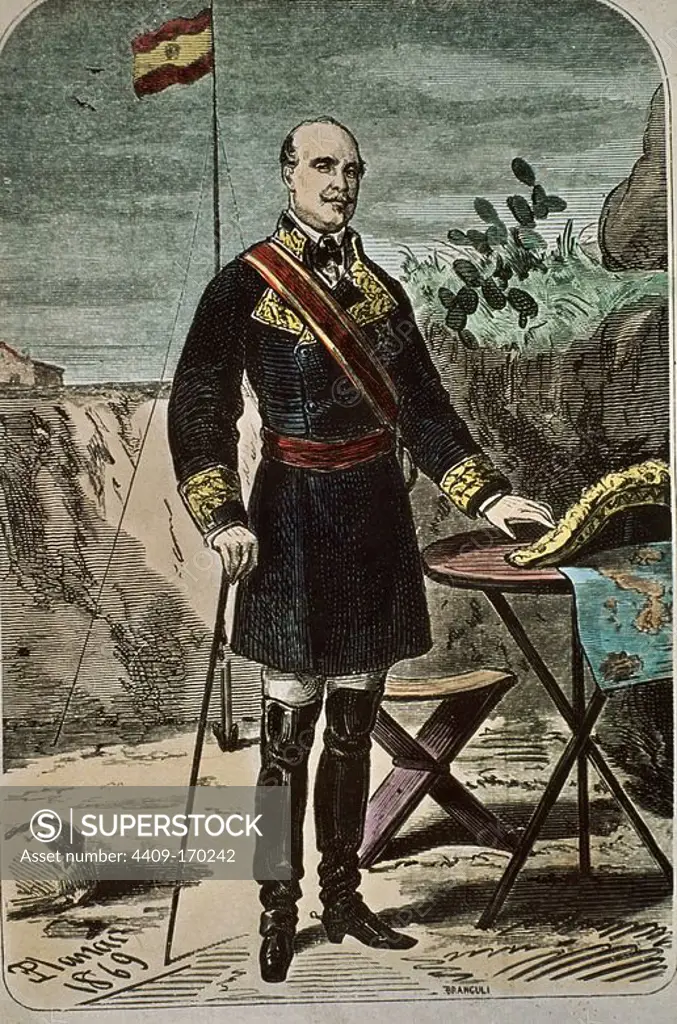LEOPOLDO O'DONNELL (1809-67) POLITICO Y MILITAR ESPAÑOL - JEFE DEL GOBIERNO DE ISABEL II - GRABADO - 1869. Author: PLANAS E. Location: PRIVATE COLLECTION, MADRID.