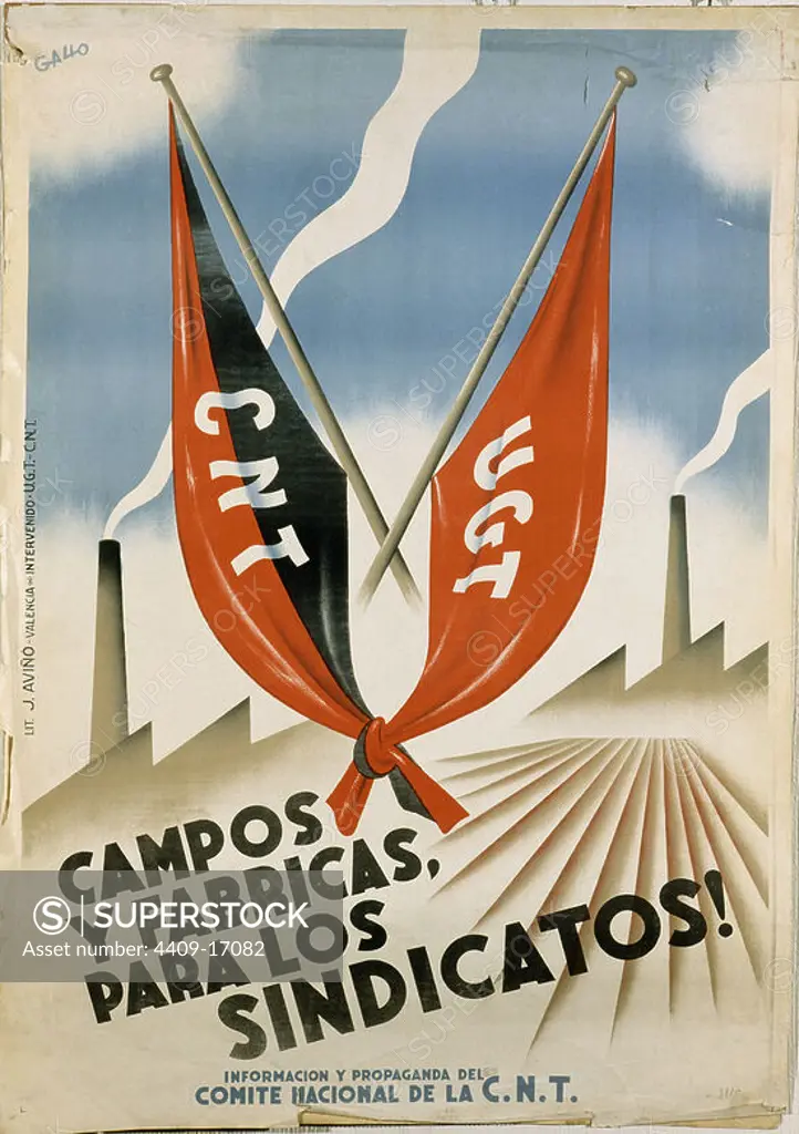 Spanish Civil War (1936-1939). Gallo. Civil War Poster. CNT UGT 'Fields and Factories for the Unions'. CNT UGT "Campos y fábricas, para los sindicatos". Salamanca, National Historical Archives. Author: GALLO. Location: ARCHIVO HISTORICO NACIONAL. SALAMANCA. SPAIN.