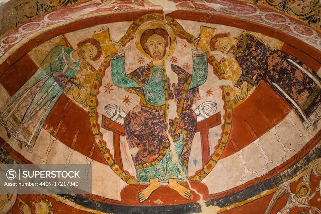 Mural painting in the absidal basin of the apse of the church of Santa María de Terrassa, representing Christ and two characters (possibly Tomás Becket and Edward Grim), Xth Century, Terrassa, Barcelona, Catalonia, Spain.