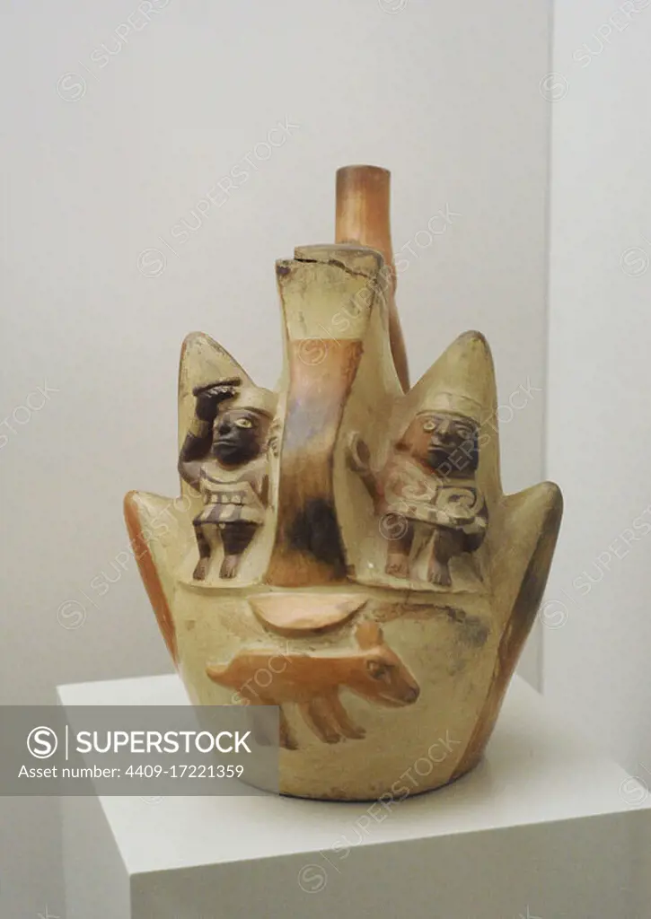 Mountain-shaped vessel where human sacrifices are made. Ceramics. Moche culture (100 BC-700 AD). Peru. Museum of the Americas. Madrid, Spain.