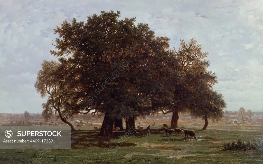 French school. Oak Trees in the Gorge of Apremont. Grupo de robles en Apremont. c. 1850-52. Oil on canvas 63.5 x 99.5 cm. Paris, The musée du Louvre. Author: THEODORE ROUSSEAU. Location: LOUVRE MUSEUM-PAINTINGS. France.
