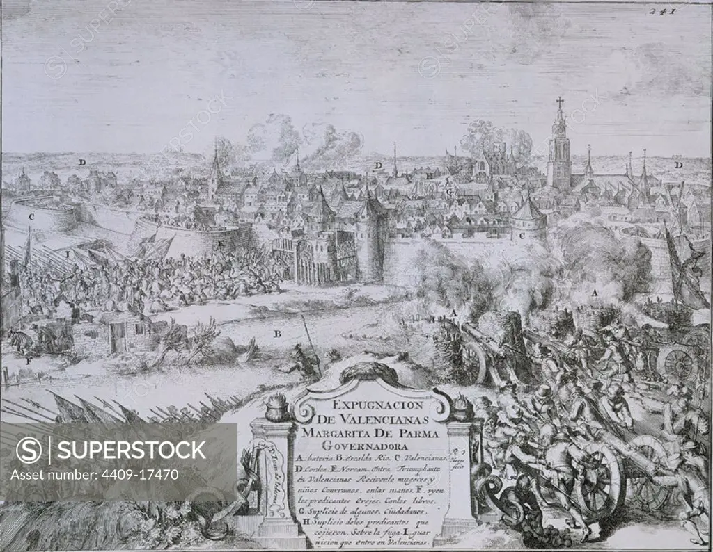 EXPUGNACION DE VALENCIANAS, MARGARITA DE PARMA GOBERNADORA, 1670, 26x33. Author: HOOGE R DE. Location: BIBLIOTECA NACIONAL-COLECCION. MADRID. SPAIN. MARGARETE VON PARMA. MARGARITA DE AUSTRIA Y PARMA. AUSTRIA Y PARMA MARGARITA.