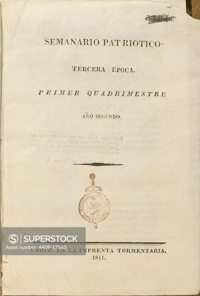PORTADA DEL SEMANARIO PATRIOTICO - TERCERA EPOCA - PRIMER QUADRIMESTRE - AÑO SEGUNDO - CADIZ, 1811. Author: MANUEL JOSE QUINTANA (1772-1857). Location: SENADO-BIBLIOTECA-COLECCION. MADRID. SPAIN.