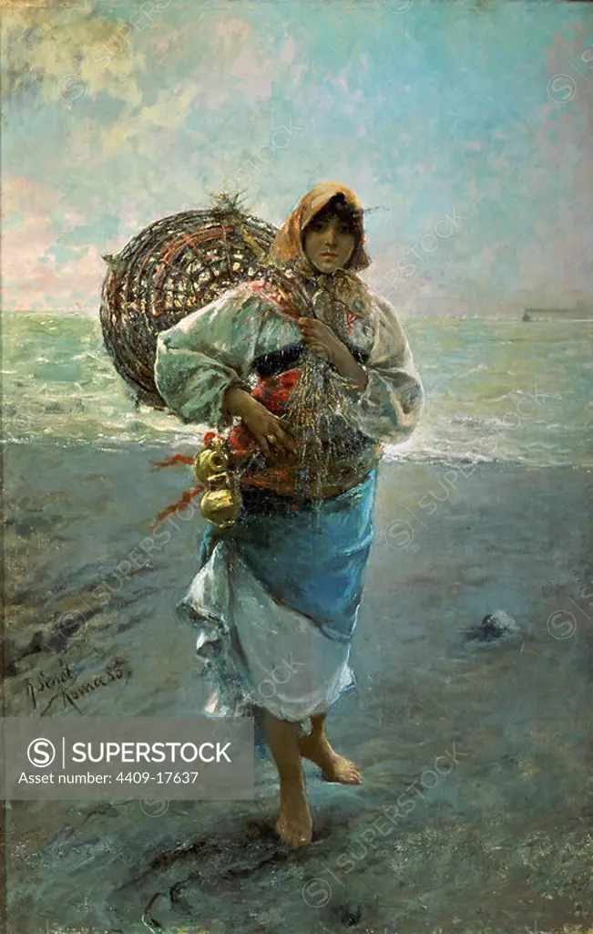 Fisherwoman - 1885 - 220x138 cm - oil on canvas. Author: SENET RAFAEL. Location: MUSEO DE BELLAS ARTES-CONVENTO DE LA MERCED CALZAD. Sevilla. Seville. SPAIN.