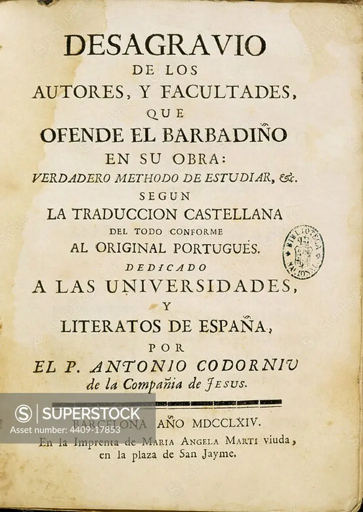 DESAGRAVIO DE LOS AUTORES Y FACULTADES-PORTADA - 1714. Author: CODORNIU A. Location: BIBLIOTECA NACIONAL-COLECCION. MADRID. SPAIN.