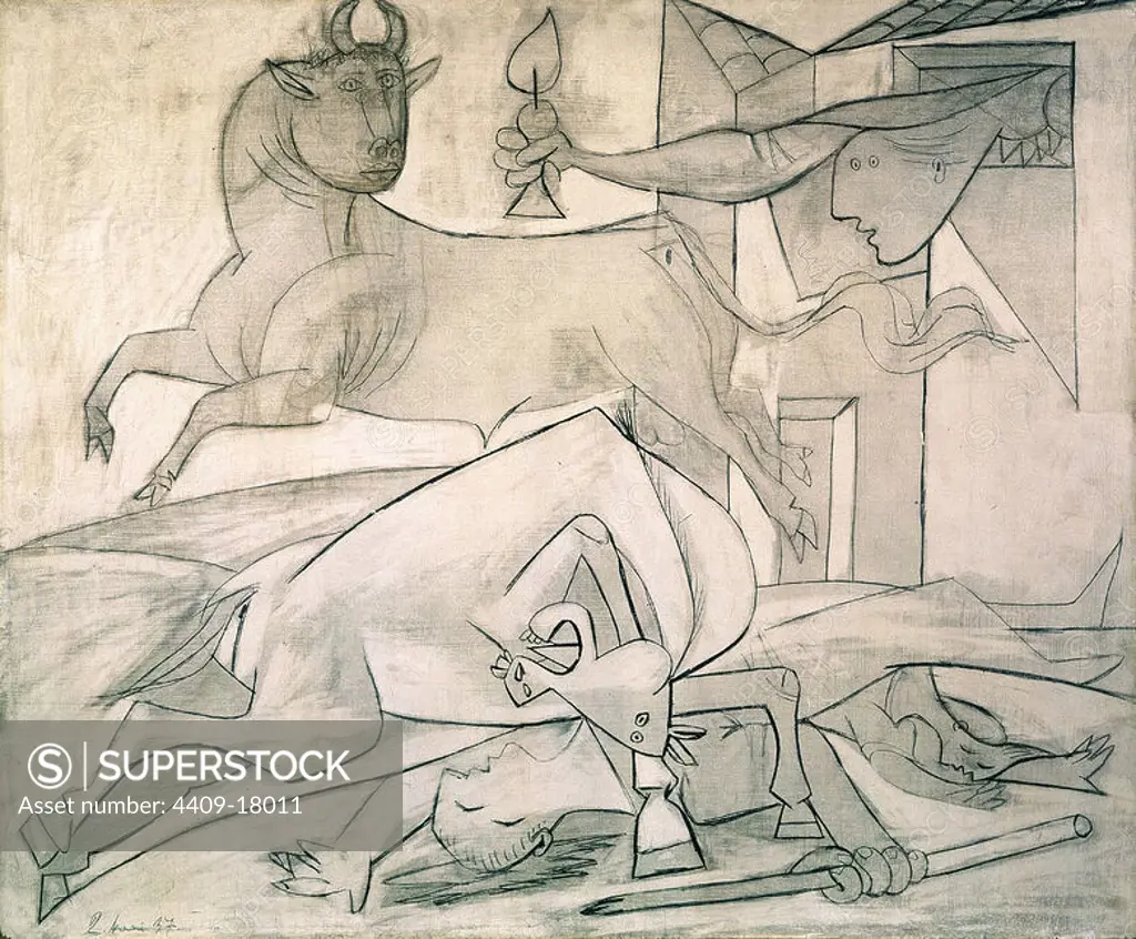 'Composition Study (V). Sketch for «Guernica»', 1937, Oil and graphite on plywood, 60 x 73 cm, DE00062. Author: PABLO PICASSO. Location: MUSEO REINA SOFIA-PINTURA. MADRID. SPAIN.