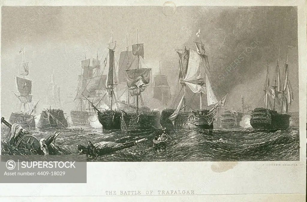 The Battle of Trafalgar. Engraving. Author: CLARKSON STANFIELD. Location: TATE GALLERY. LONDON. ENGLAND.