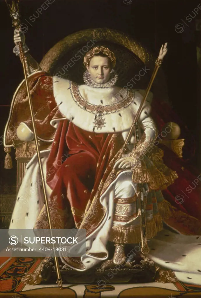 Napoleon I on the Imperial Throne - 1806 - 260x163 cm - oil on canvas. Author: JEAN AUGUSTE DOMINIQUE INGRES. Location: MUSEE DE L'ARMEE. France. NAPOLEON BONAPARTE (1769-1821) NAPOLEON I.