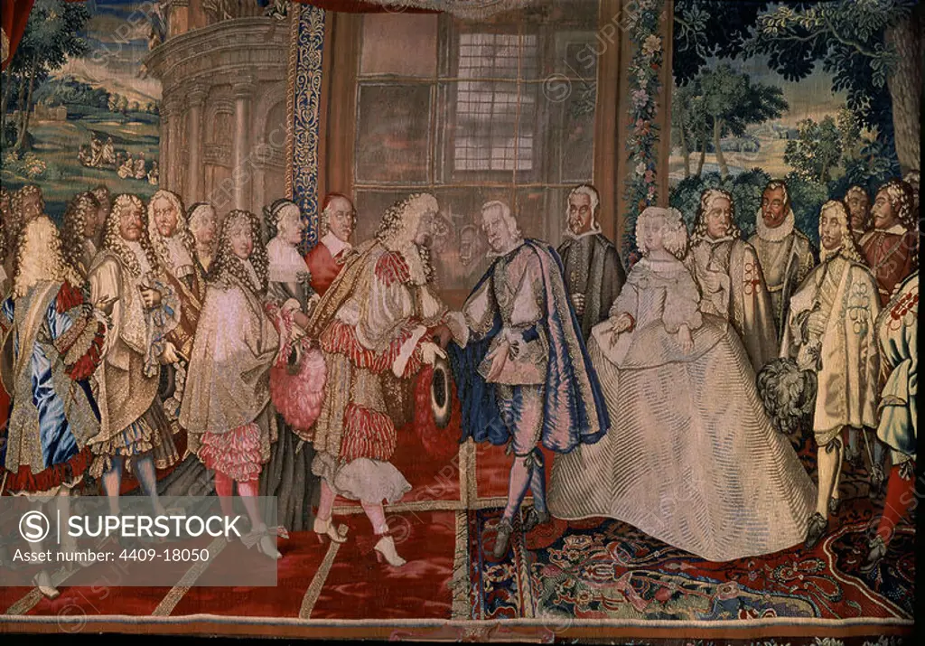 Meeting between Philip IV and Louis XIV in the Pheasants Island. Tapestry. Madrid, French Embassy. Author: Charles Le Brun (1619-1690). Location: FRENCH EMBASSY. MADRID. SPAIN. JULES MAZARIN. FELIPE III HIJA. FELIPE IV HERMANA. LUIS XIII DE FRANCIA ESPOSA. AUSTRIA MARGARITA HIJA. FELIPE DE ORLEANS. NAVAILLES MADAME DE. FELIPE IV REY DE ESPAÑA. LUIS MENDEZ DE HARO Y GUZMAN (1598-1661). LUIS XIV DE FRANCIA (1643-1715) EL REY SOL. MARIA TERESA DE AUSTRIA (1638-1683). PASRO DE ARAGON (CAPITAN GUARDIA BORGOÑA). HENRI DE LA TOUR AUVERGNE VIZCONDE TURENNE.