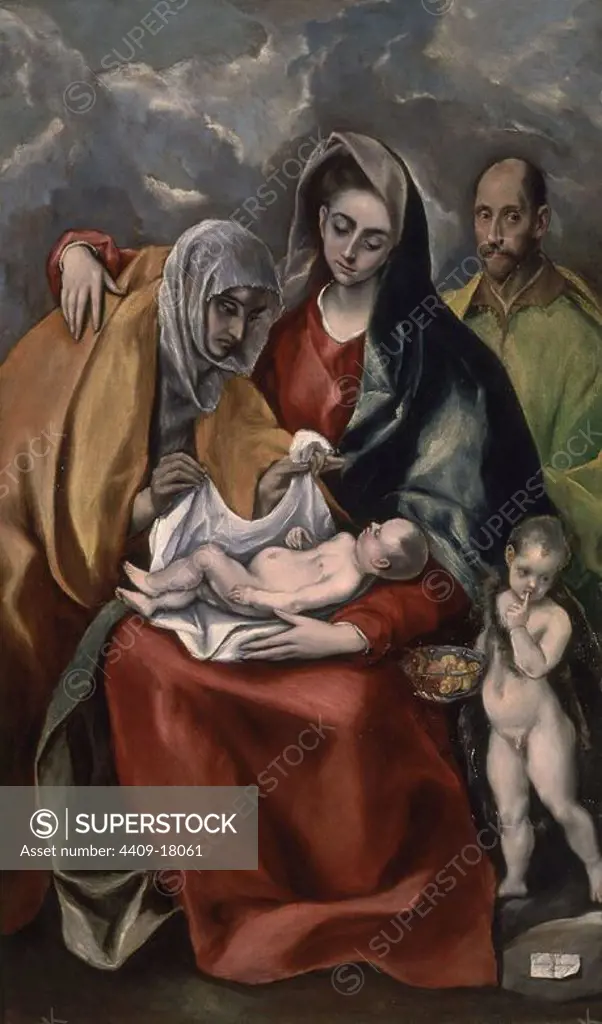 The Holy Family with St. Elizabeth - 1585 - 178x105 cm - oil on canvas - Spanish Mannerism. Author: EL GRECO. Location: HOSPITAL DE TAVERA / MUSEO DUQUE DE LERMA. Toledo. SPAIN. CHILD JESUS. VIRGIN MARY. SAN JOSE ESPOSO DE LA VIRGEN MARIA. SANTA ANA MADRE DE LA VIRGEN MARIA. SAN JUAN BAUTISTA NIÑO / SAN JUANITO.