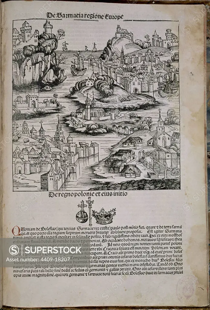 DE SARMACIA REGION DE EUROPA - PAGINA DEL LIBER CHRONICARUM O CRONICA DE NUREMBERG - IMPRESO EN 1493 - INCUNABLE. Author: HARTMANN SCHEDEL (1440-1514). Location: SENADO-BIBLIOTECA-COLECCION. MADRID. SPAIN.