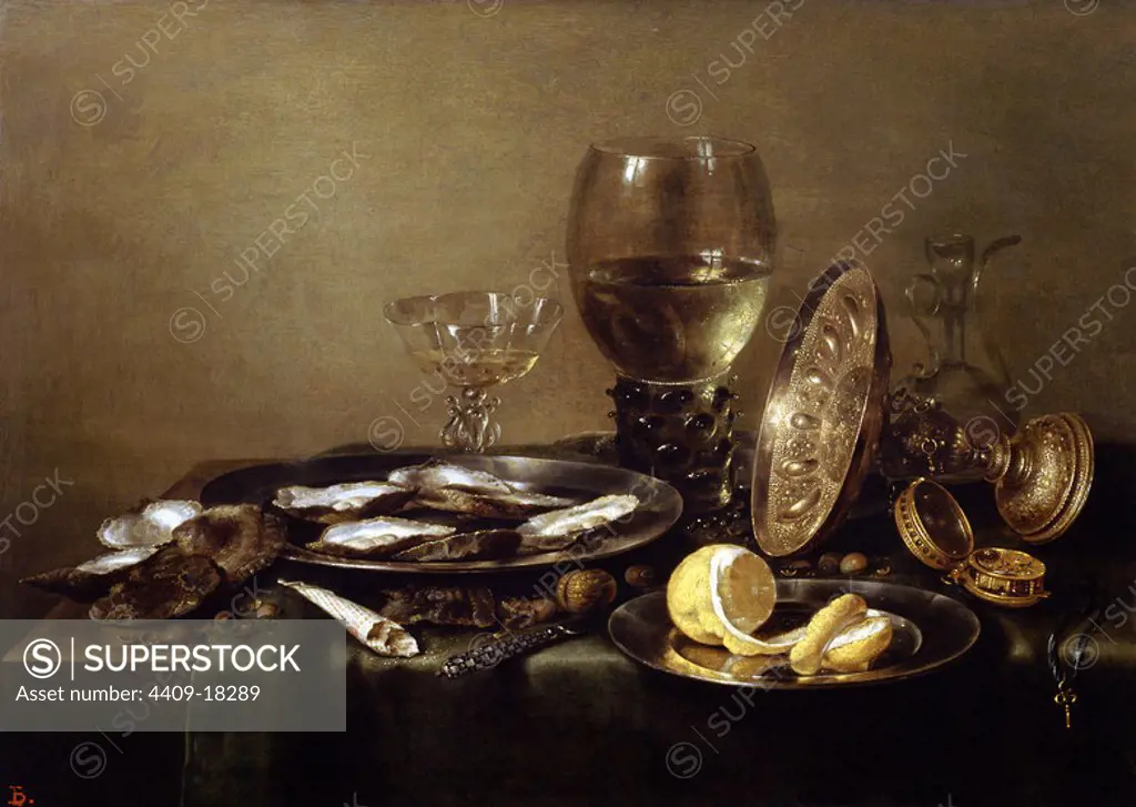 'Bodegón con tazza de plata, copa Roemer y ostras', 1632, Oil on panel, 52 cm x 73 cm, P02756. Author: WILLEM CLAESZ HEDA. Location: MUSEO DEL PRADO-PINTURA. MADRID. SPAIN.