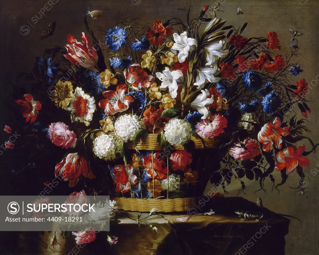 'Basket of Flowers', c. 1688-1670, Oil on canvas, 84 x 105 cm, P3138. Author: Juan de Arellano. Location: MUSEO DEL PRADO-PINTURA. MADRID. SPAIN.