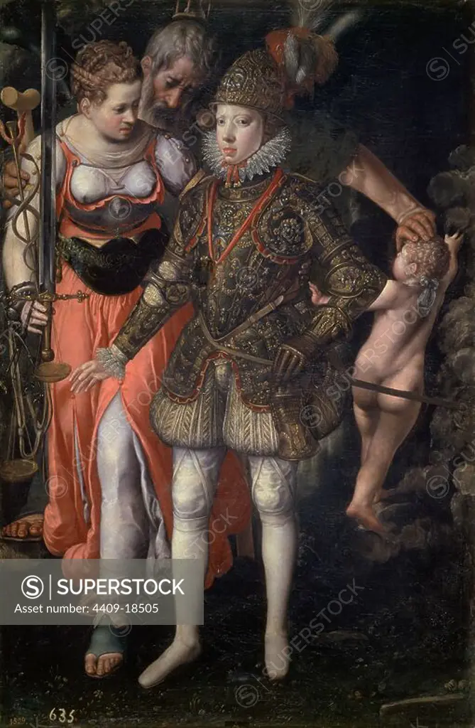 'Allegory of the Education of Philip III', ca. 1590, Flemish School, Oil on canvas, 158 cm x 105 cm, P01846. Author: JUSTUS TIEL. Location: MUSEO DEL PRADO-PINTURA. MADRID. SPAIN. CUPID. PHILIPP III. VON SPANIEN. AMOR MITOLOGIA. CRONOS. JUSTICIA. TIEMPO.