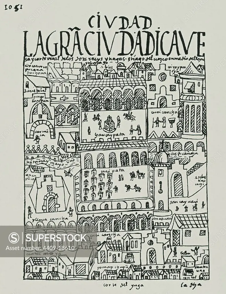 Peruvian codex. 'Nueva Cronica y Buen Gobierno'. The city of Cusco. Madrid, National library. Author: FELIPE GUAMAN POMA DE AYALA (1535-1617). Location: BIBLIOTECA NACIONAL-COLECCION. MADRID. SPAIN.