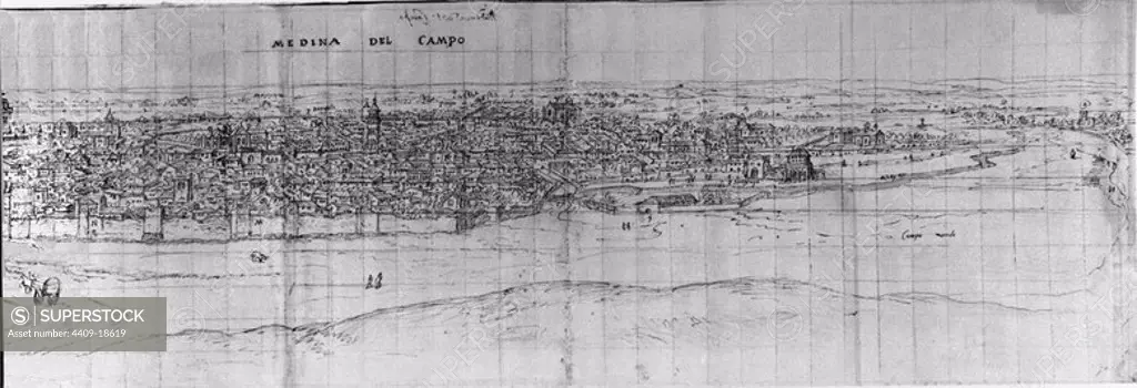 MEDINA DEL CAMPO - 1570 - 300X1250 MM - LAPIZ NEGRO. Author: ANTON VAN DEN WYNGAERDE 1512 o. Location: BIBLIOTECA NACIONAL-COLECCION. WIEN. AUSTRIA.