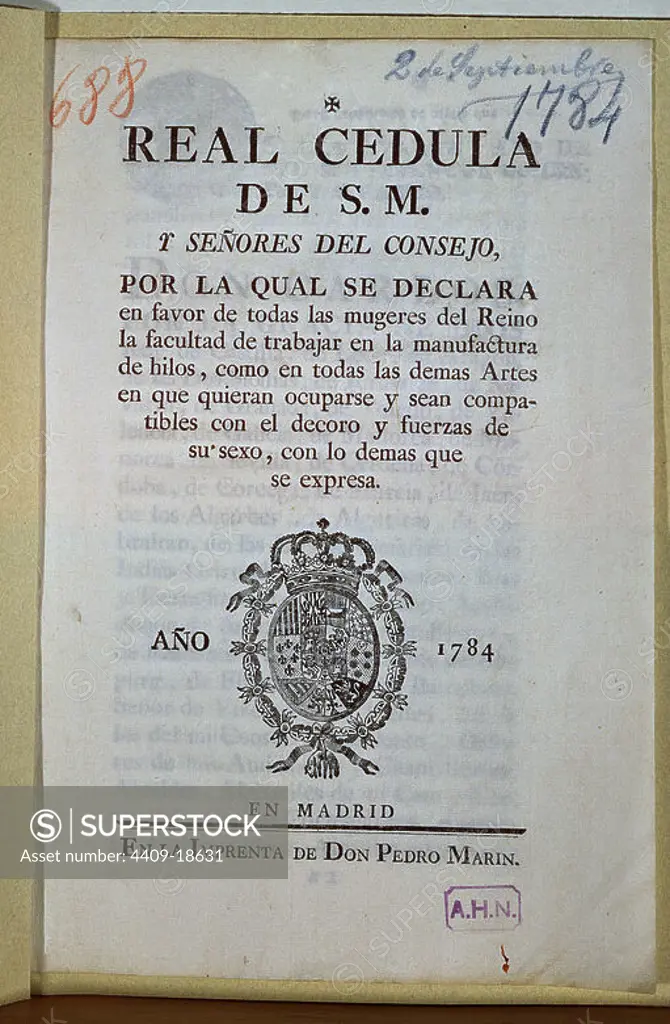 REAL CEDULA - LAS MUJERES PUEDEN TRABAJAR - 1784. Location: ARCHIVO HISTORICO NACIONAL-COLECCION. MADRID. SPAIN.