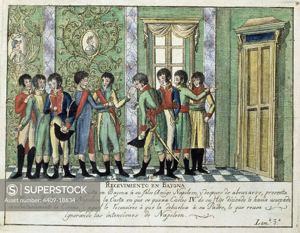 Meeting between Ferdinand VII and Napoleon in Bayonne. 1808. Location: MUSEO DE HISTORIA-GRABADOS COLOREADOS. MADRID. SPAIN. FERNANDO VII. FAYLLERAN. NAPOLEON BONAPARTE (1769-1821) NAPOLEON I.