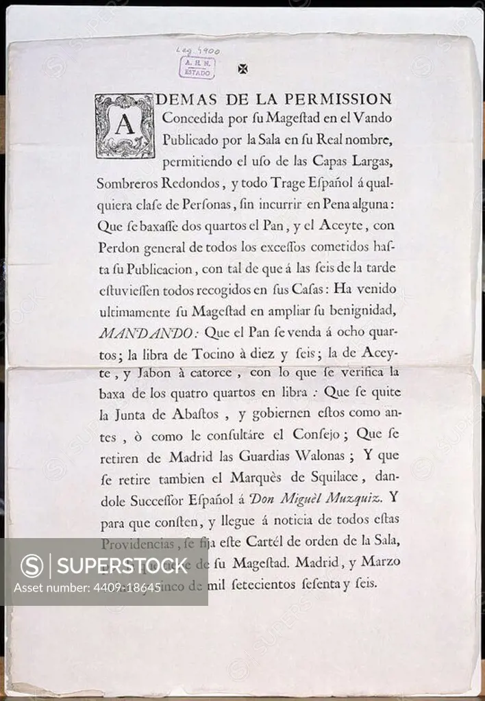 REAL CEDULA-PERMISO USO TRAJE ESPAÑOL,REBAJA PAN,ACEITE,TOCINO,JABON.MUZQUIZ-MADRID25/3/1766. Location: ARCHIVO HISTORICO NACIONAL-COLECCION. MADRID. SPAIN.