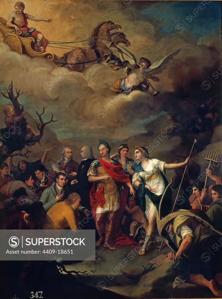 'Carlos III entregando las tierras a los colonos de Sierra Morena', 1805, Oil on canvas, 168 x 126 cm. Author: RIVERO JOSE ALONSO. Location: ACADEMIA DE SAN FERNANDO-PINTURA. MADRID. SPAIN. CHARLES III OF SPAIN. OLAVIDE PABLO.