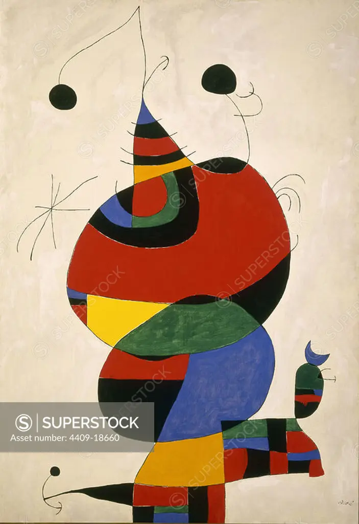 'Woman, Bird and Star (Homage to Picasso)', 1966-1973, Oil on canvas, 245 x 170 cm, AS03162. Author: JOAN MIRO. Location: MUSEO REINA SOFIA-PINTURA. MADRID. SPAIN.