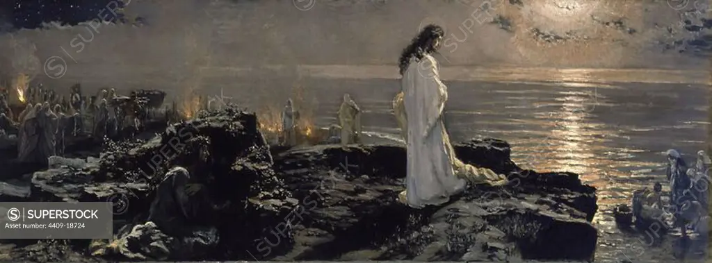 'Jesus at the Sea of Galilee', 1909, Oil on canvas, 61 x 87 cm. Author: ANTONIO MUÑOZ DEGRAIN (1840-1924). Location: MUSEUM OF FINE ARTS. Malaga. SPAIN.