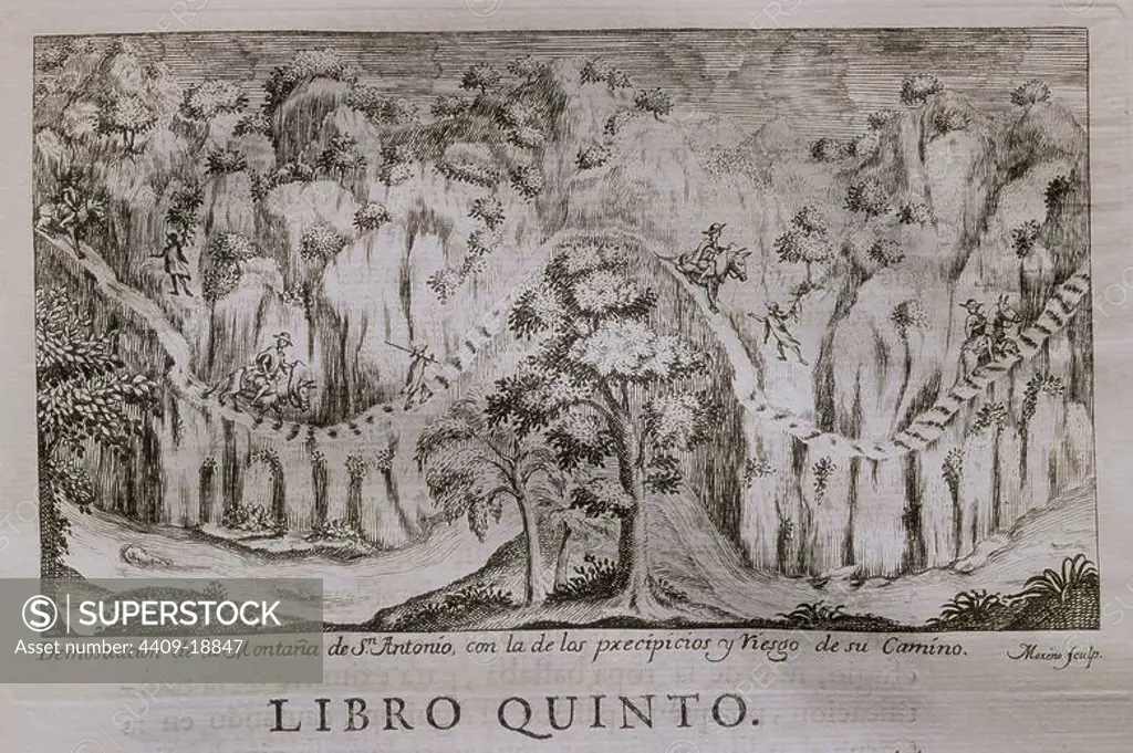 RELACION HISTORICA DEL VIAJE A LA AMERICA MERIDIONAL-DEMOSTRACION DE LA MONTAÑA DE SAN ANTONIO CON PRECIPICIOS Y RIESGO DE SU CAMINO -. Author: JORGE JUAN (1713-73) Y ANTONIO DE ULLOA (1716-95). Location: ACADEMIA DE LA HISTORIA-COLECCION. MADRID. SPAIN.
