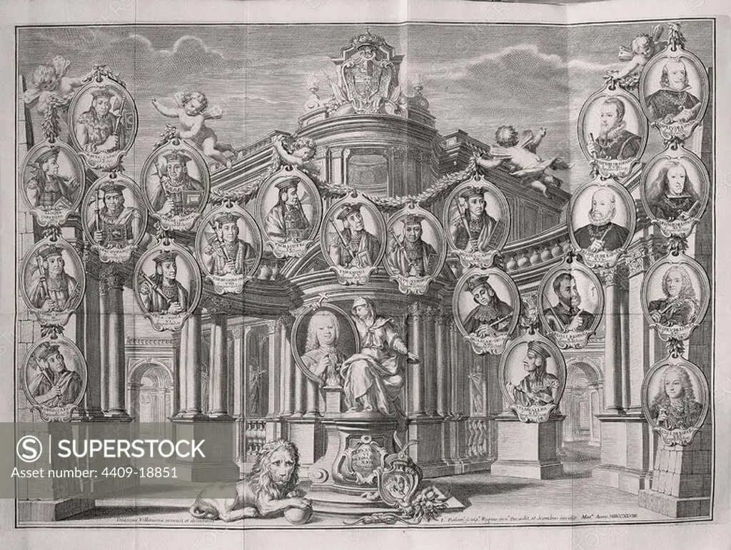 Peru's Incan Emperors - 1748 - engraving. Author: ULLOA ANTONIO DE. Location: ACADEMIA DE LA HISTORIA-COLECCION. MADRID. SPAIN. ATAHUALPA. Tupac Yupanqui. CARLOS V (CARLOS I). PHILIP II OF SPAIN. FELIPE V DE BORBON. FERDINAND VI. VON SPANIEN. MANCO CAPAC. ATHABALIBA. HUASCAR INCA. HUAINA CAPAC. YUPANQUI. Pachacutec. VIRACOCHA INCA. YAHUAR HUACAC. INCA ROCA. CAPAC YUPANQUI.