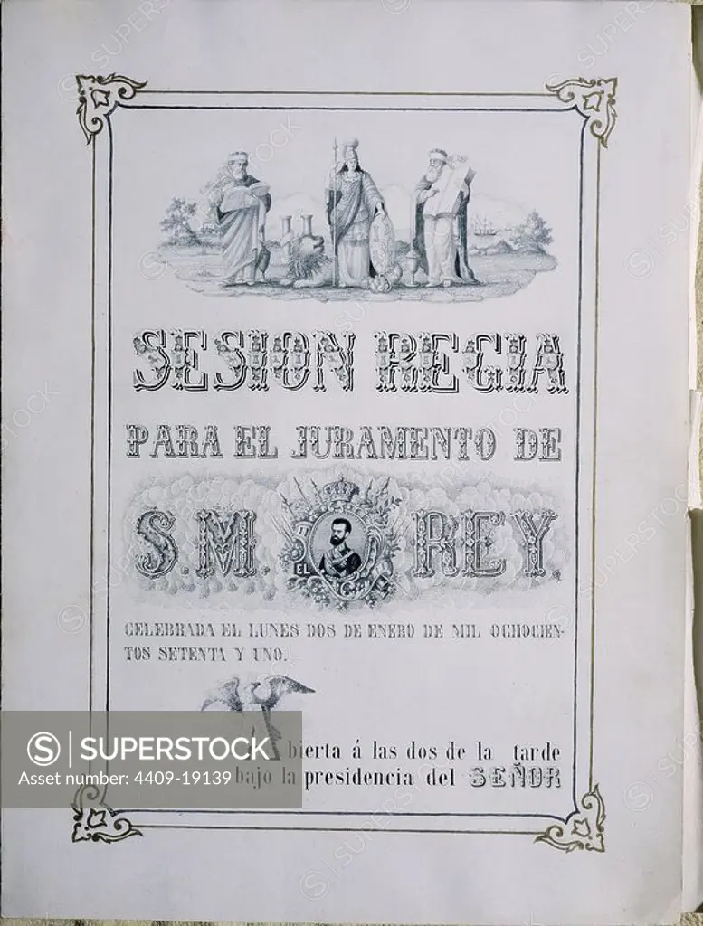 PORTADA DE LA SESION REGIA PARA EL JURAMENTO DE SU MAGESTAD EL REY AMADEO DE SABOYA EL 2 DE ENERO DE 1871. Location: SENADO-BIBLIOTECA-COLECCION. MADRID. SPAIN.